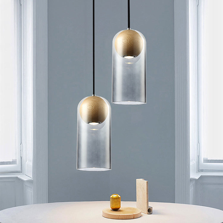 Lámpara de madera de color colgante LED artístico moderno con tono de vidrio gris