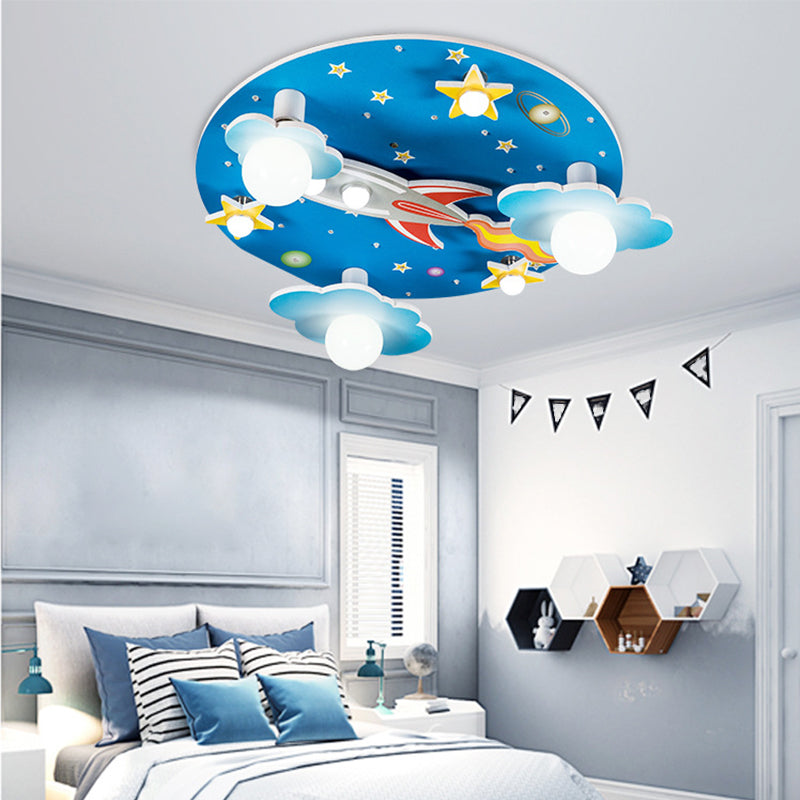 Blue Rocket Flush Mount Ceiling Fixture Contemporary Wood LED Ceiling Lighting for Kids
