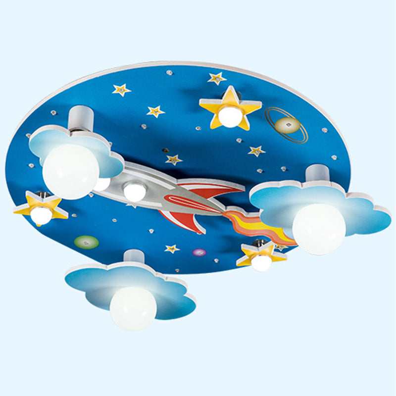Blue Rocket Flush Mount Ceiling Fixture Contemporary Wood LED Ceiling Lighting for Kids
