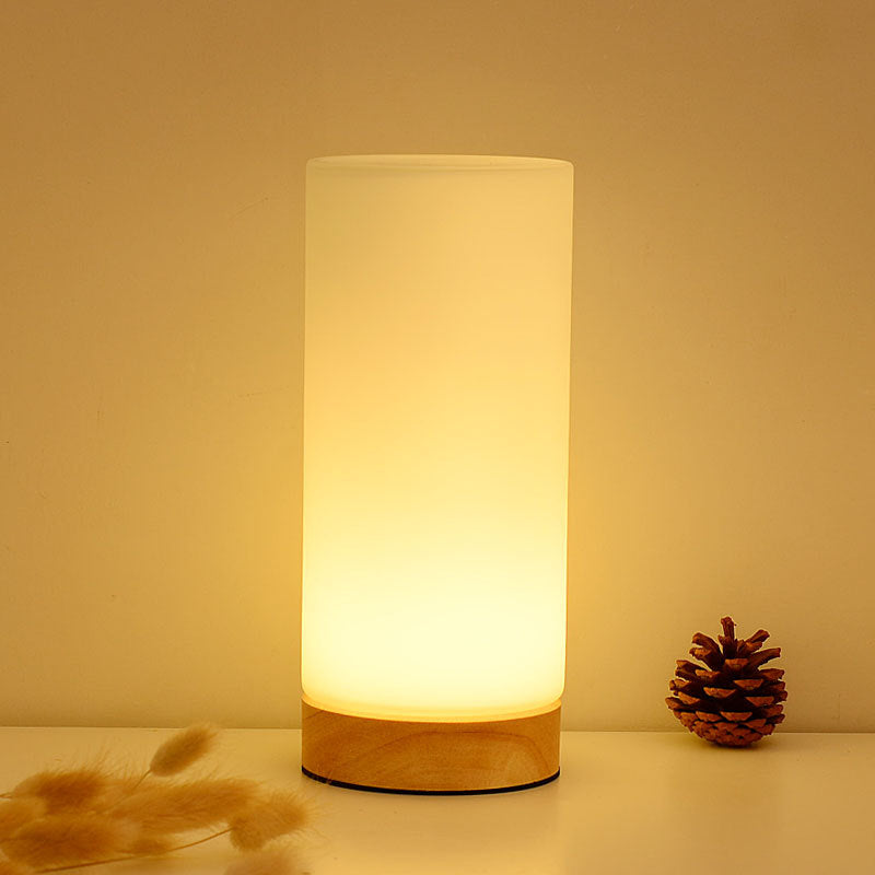 Cylindrical Night Table Lamps Modern 1-Light Nightstand Lights with White Glass Shade