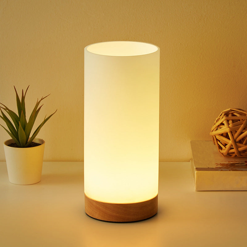 Cylindrical Night Table Lamps Modern 1-Light Nightstand Lights with White Glass Shade