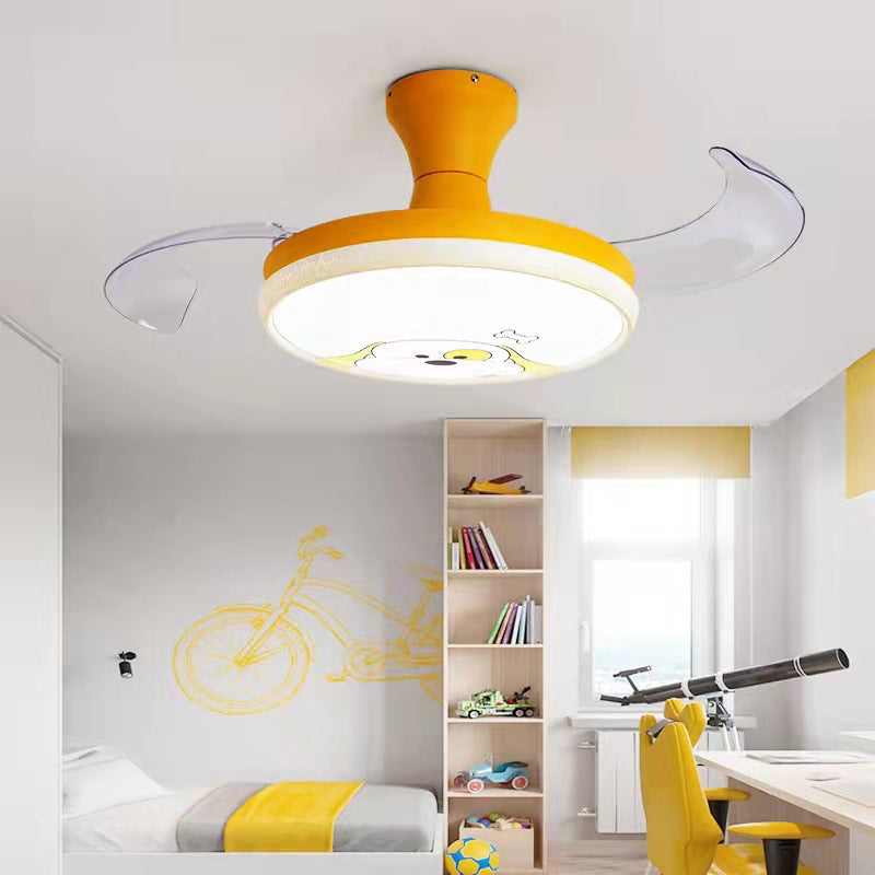Round Study Room Ceiling Fan Light Metallic Macaron Style LED Semi Flush Mount Lighting