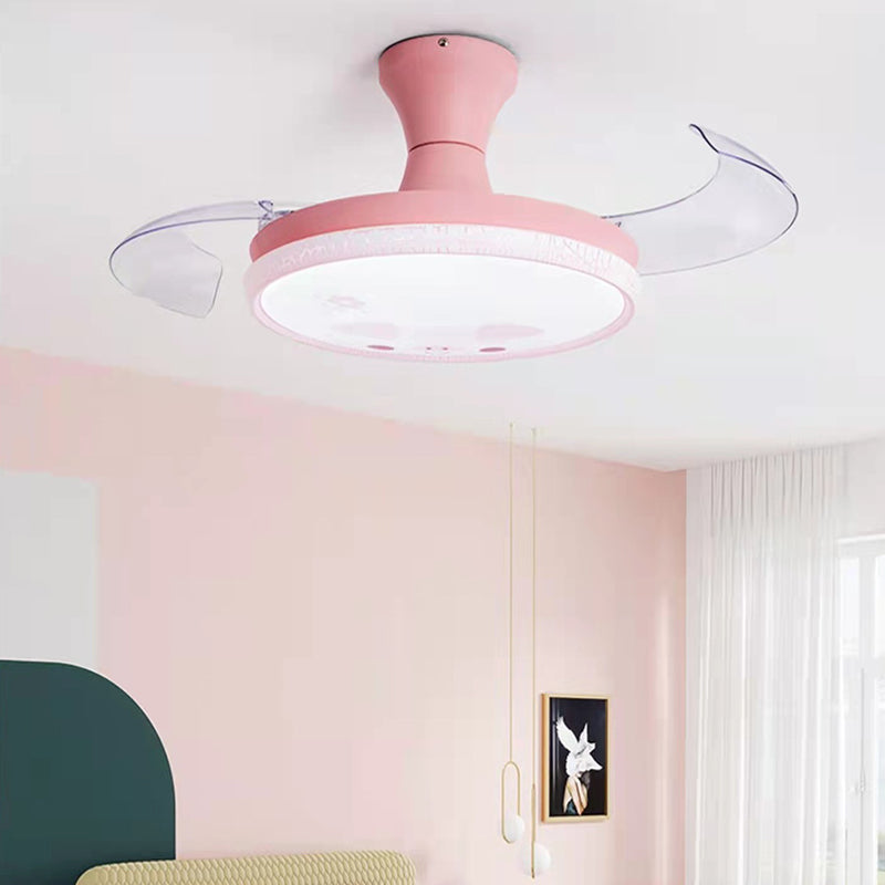 Round Study Room Ceiling Fan Light Metallic Macaron Style LED Semi Flush Mount Lighting