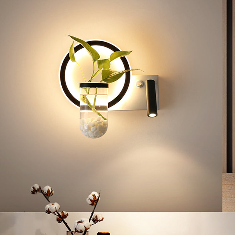 Round/Square Bedroom Sconce Light Industrial Clear Glass LED Black Wall Lighting in Warm/White Light