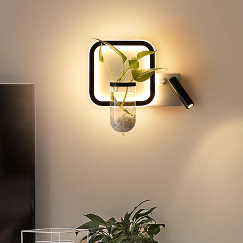 Round/Square Bedroom Sconce Light Industrial Clear Glass LED Black Wall Lighting in Warm/White Light
