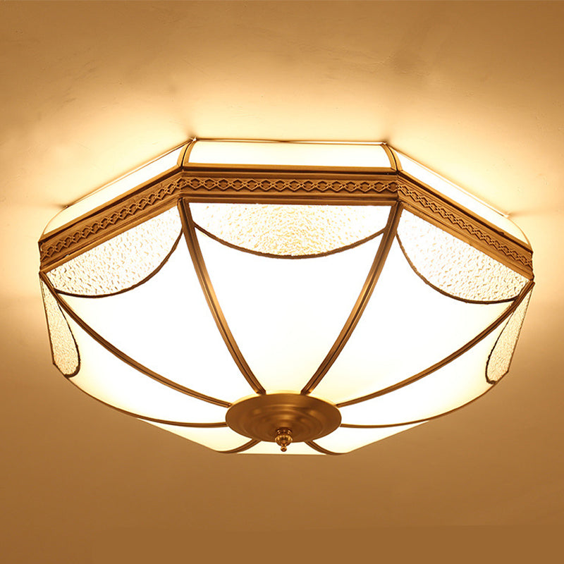 Glass Brass Ceiling Fixture in Colonial Style Copper Bowl Flush Mount for Interior Spaces