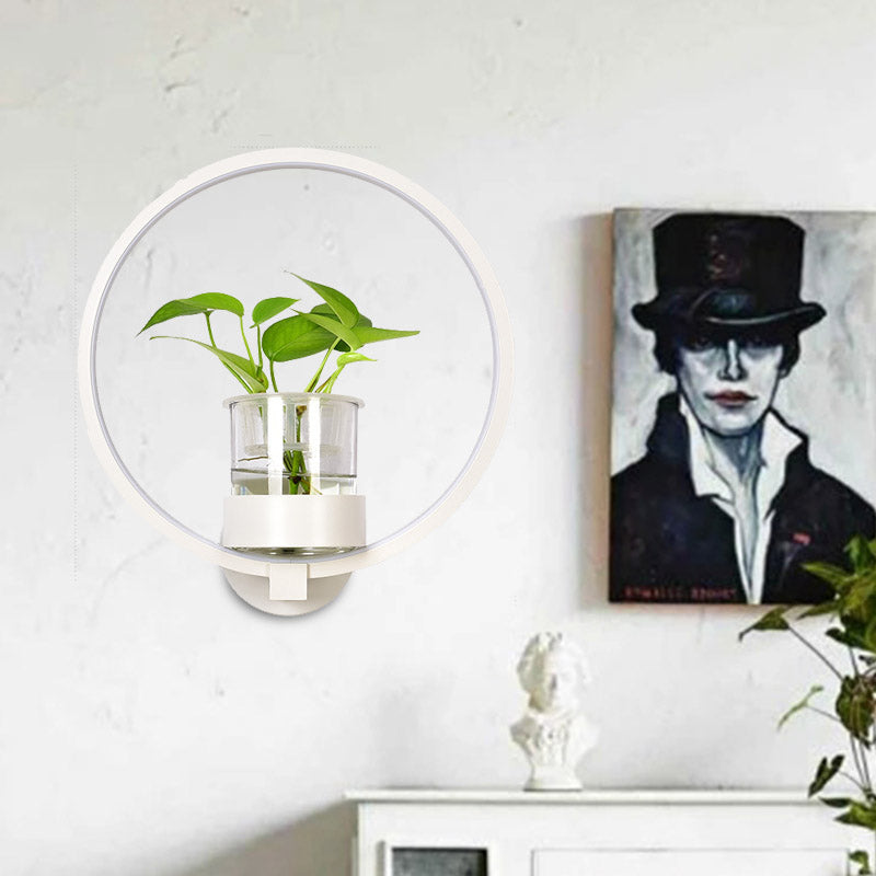 1 Head Metal Sconce Lighting Fixture Antique Black/Grey/White Circular Bedroom Wall Mount Light with Plant Cup