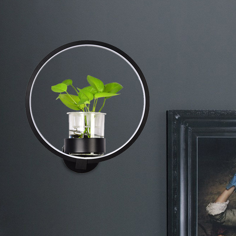 1 Head Metal Sconce Lighting Fixture Antique Black/Grey/White Circular Bedroom Wall Mount Light with Plant Cup