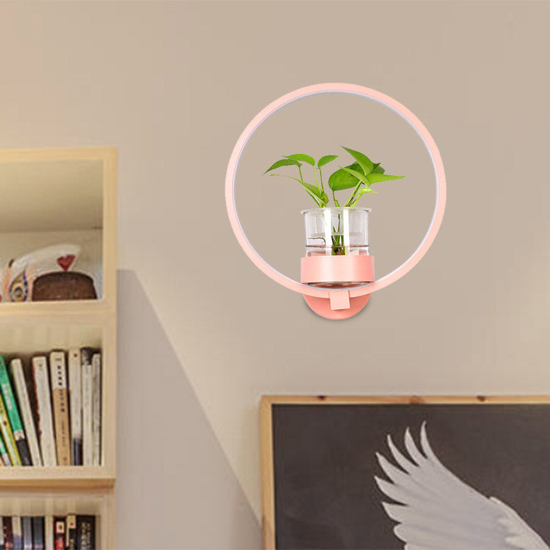1 Head Metal Sconce Lighting Fixture Antique Black/Grey/White Circular Bedroom Wall Mount Light with Plant Cup
