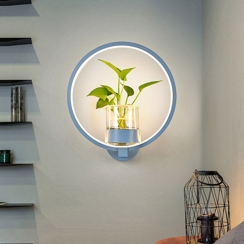 1 Head Metal Sconce Lighting Fixture Antique Black/Grey/White Circular Bedroom Wall Mount Light with Plant Cup