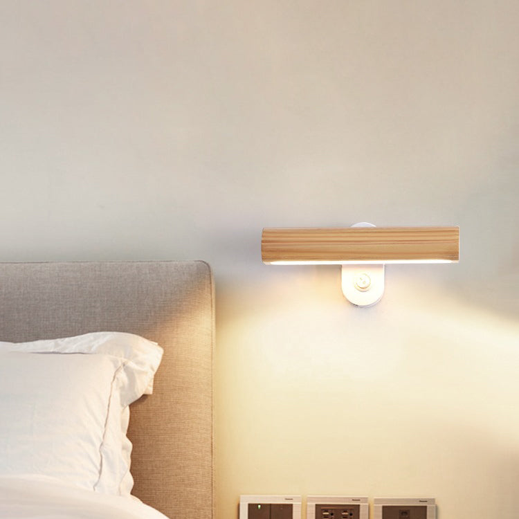 1-Light Cylindrical Wall Sconce Modern Style Wood Wall Mount Light Fixture for Bedroom
