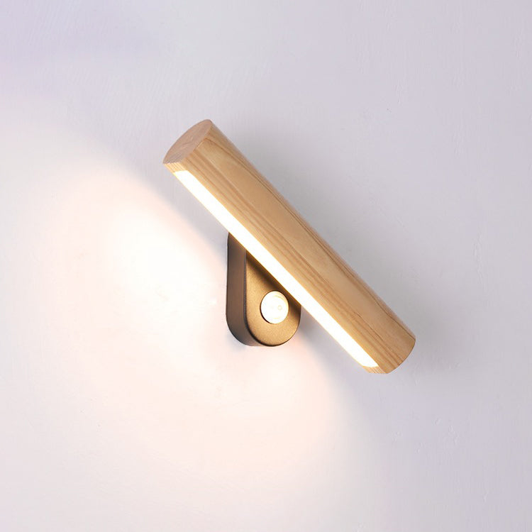 1-Light Cylindrical Wall Sconce Modern Style Wood Wall Mount Light Fixture for Bedroom