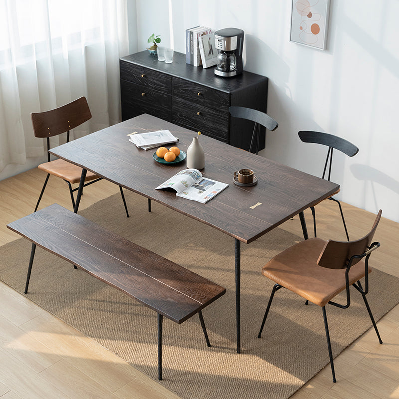 Mesa de comedor rectangular de madera de roble maciza en tono marrón, mesa industrial de 4 patas para comedor