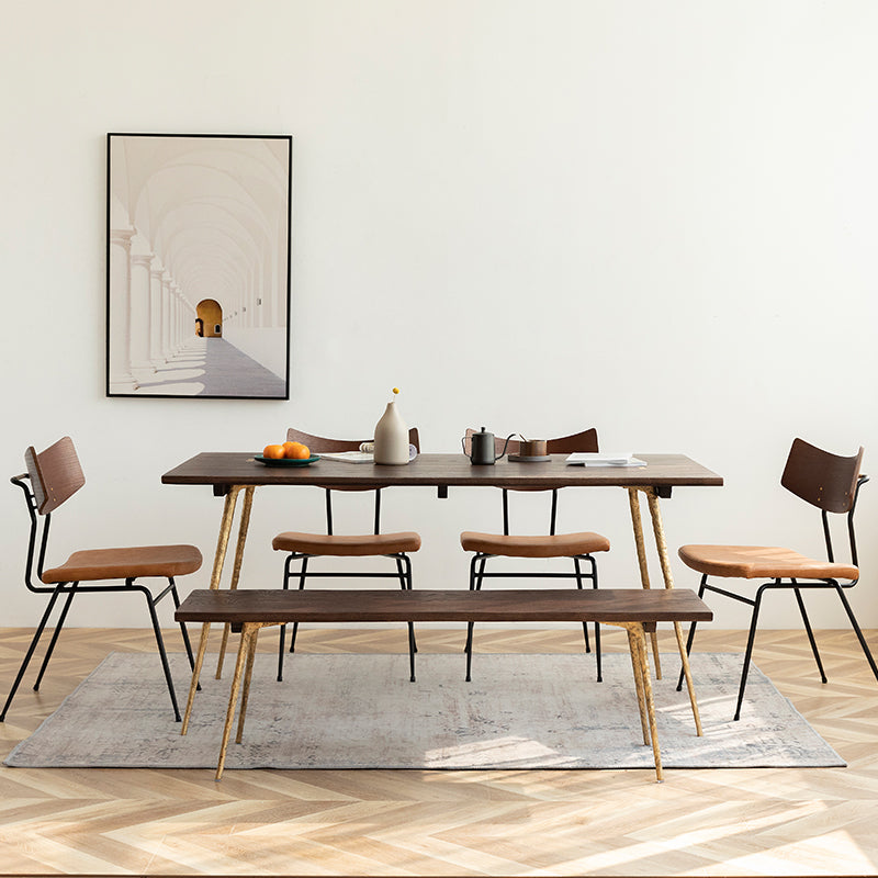 Mesa de comedor rectangular de madera de roble maciza en tono marrón, mesa industrial de 4 patas para comedor