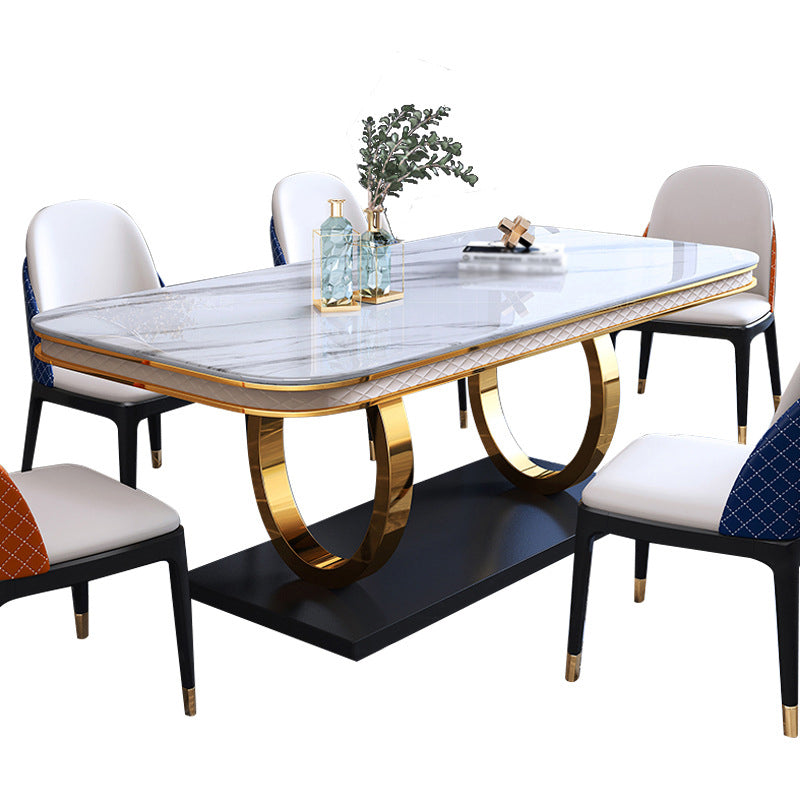 Traditional Luxury Sintered Stone Top Dining Table Rectangle Table with Metal Pedestal