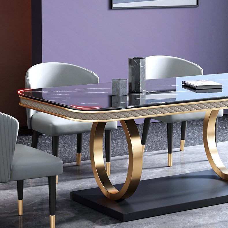 Traditional Luxury Sintered Stone Top Dining Table Rectangle Table with Metal Pedestal