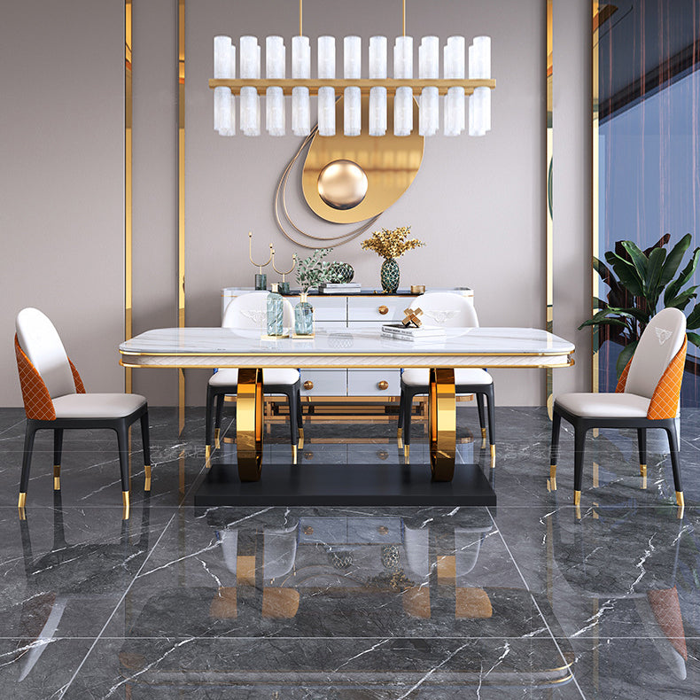 Traditional Luxury Sintered Stone Top Dining Table Rectangle Table with Metal Pedestal