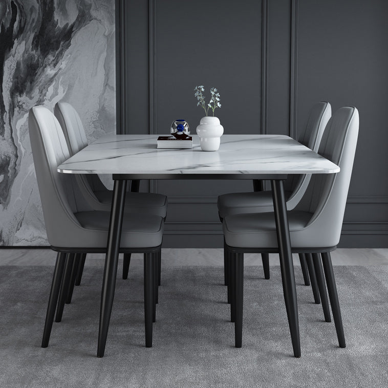 Einfachheitstil Home Sintered Stone Esstisch 4 Beine Kohlenstoffstahl Basis Rechtecktisch