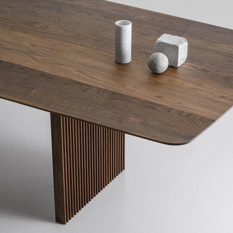 Rectangle Double Pedestal Modern Dining Table Wood Color Fixed Table with Solid Wood
