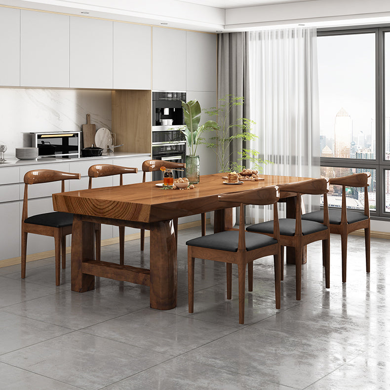 Modern massief houten rechthoek eettafel bruine keuken eettafel met dubbele voetstukbases