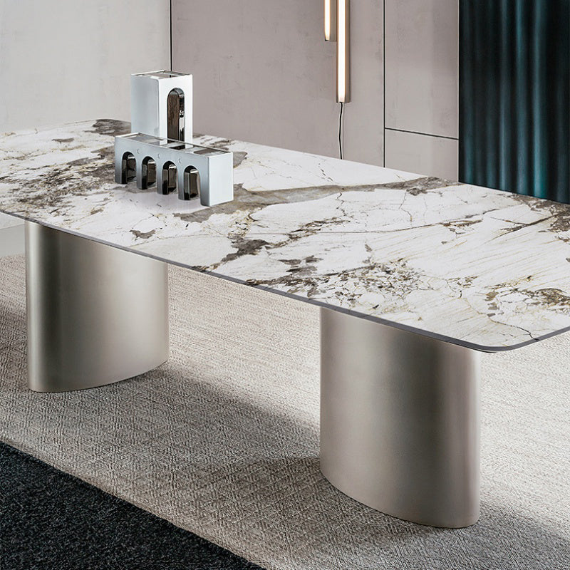 Mesa de comedor rectangular de lujo tradicional de metal Mesa de piedra sinterizada con patas de metal