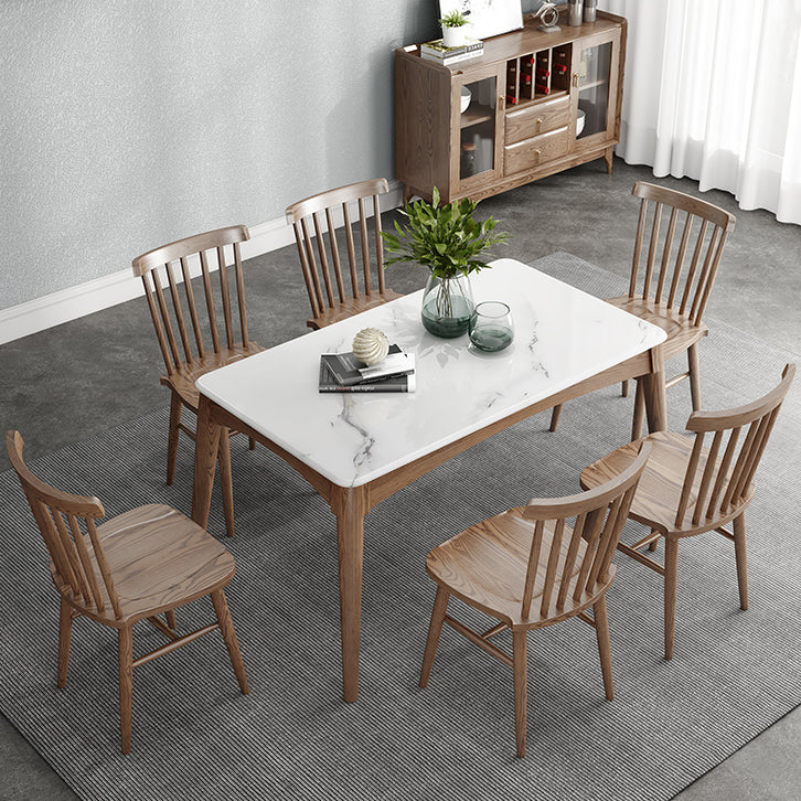 Table à manger rectangulaire en pierre frittée, Style simple, Base en bois de frêne, pour la maison