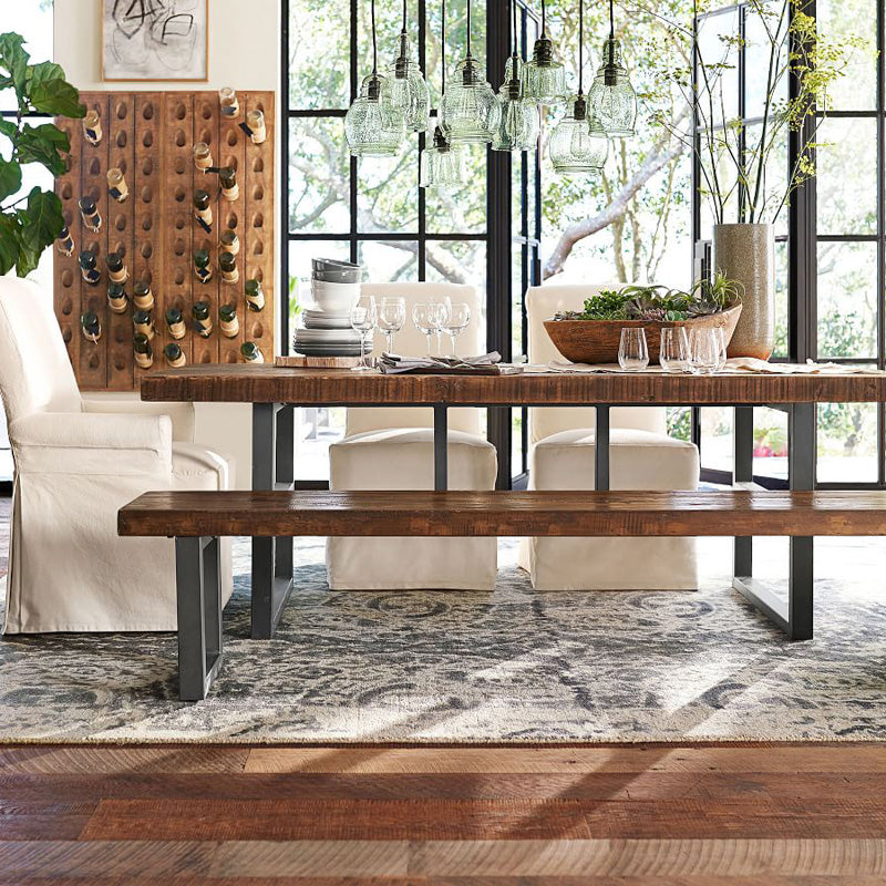 Metal Industrial Rectangular Dining Table Solid Wood Table with Trestle