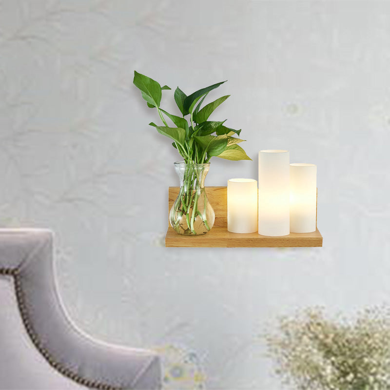 Opal Glass Cylinder Wall Lighting Industrial 1 Bulb Bedroom LED Wall Sconce Lamp in Wood, Left/Right