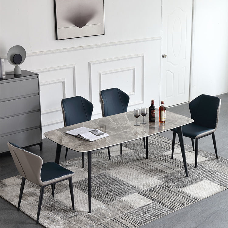 Mesa de comedor rectangular contemporánea de metal mesa de piedra sinterizada gris con patas de metal
