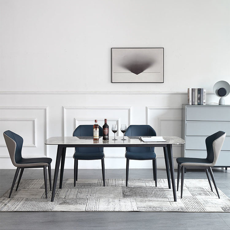 Mesa de comedor rectangular contemporánea de metal mesa de piedra sinterizada gris con patas de metal