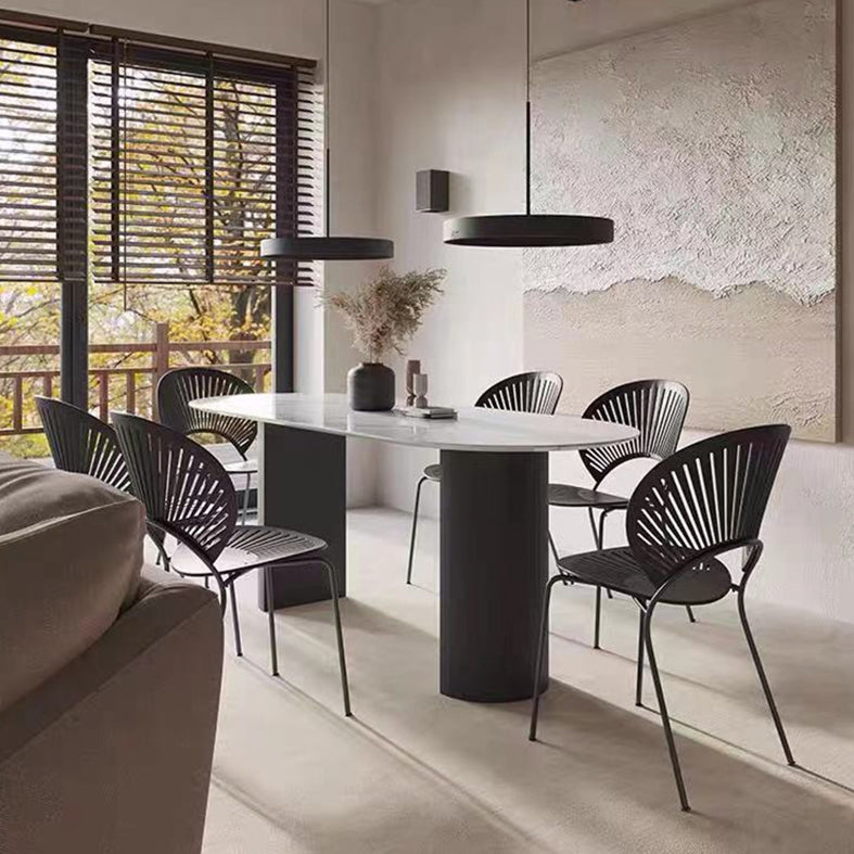 Oval gesinterde stenen eettafel moderne tafel in wit met metalen dubbele voetstuk voor restaurant