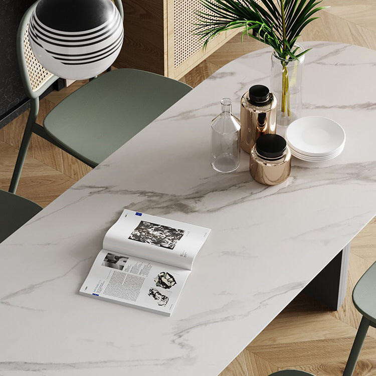 Oval gesinterde stenen eettafel moderne tafel in wit met metalen dubbele voetstuk voor restaurant