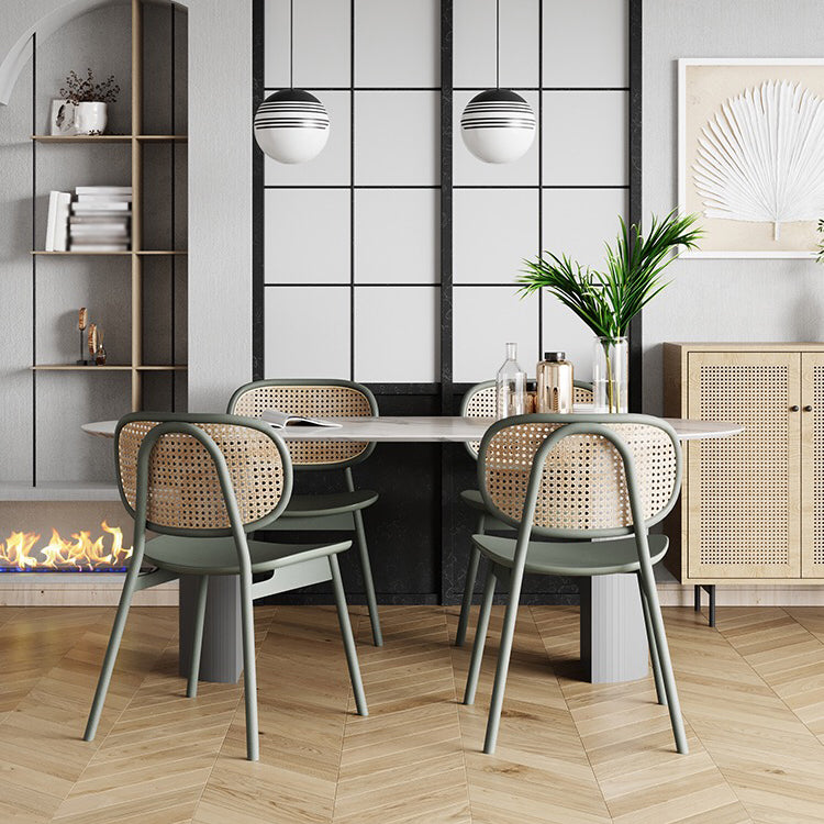 Oval gesinterde stenen eettafel moderne tafel in wit met metalen dubbele voetstuk voor restaurant
