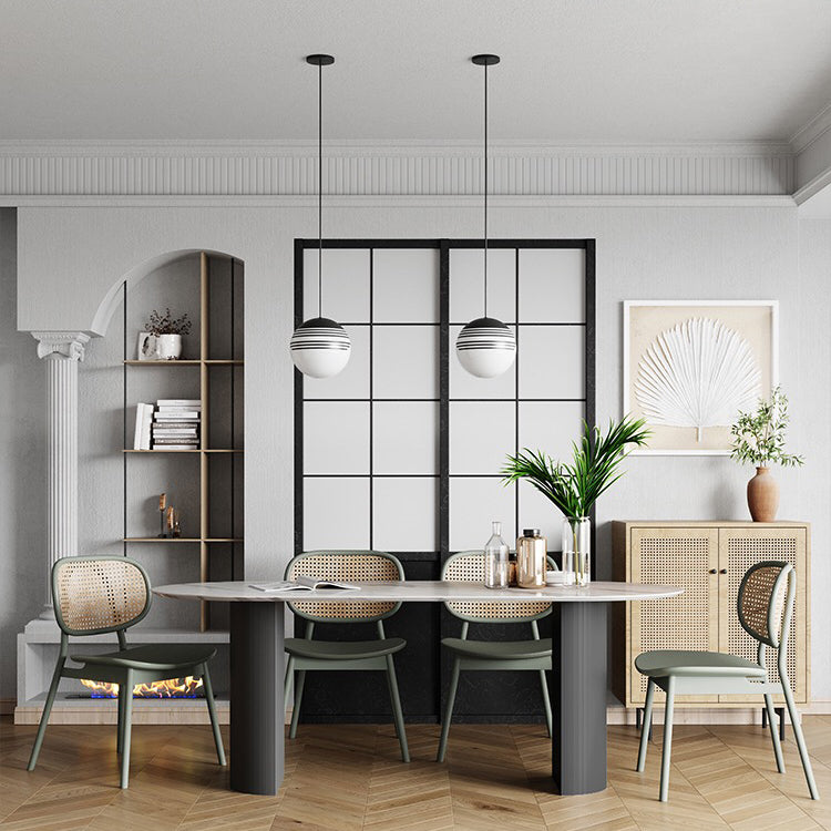 Oval gesinterde stenen eettafel moderne tafel in wit met metalen dubbele voetstuk voor restaurant