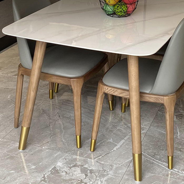 Mesa rectangular contemporánea de madera maciza mesa de comedor de piedra sinterizada con 4 patas
