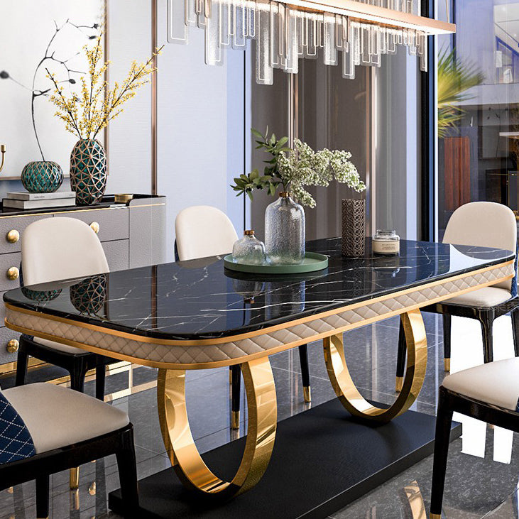 Mesa de comedor de piedra sinterizada de lujo, mesa rectangular con pedestal de metal dorado