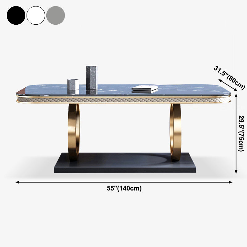 Mesa de comedor de piedra sinterizada de lujo, mesa rectangular con pedestal de metal dorado