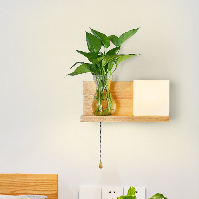 Minimalism Square Wall Light Fixture 1 Head White Glass LED Wall Sconce Lighting in Wood, Left/Right