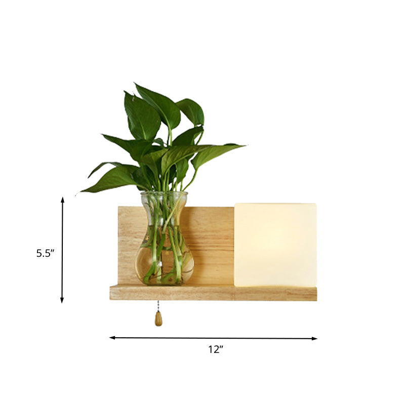 Minimalism Square Wall Light Fixture 1 Head White Glass LED Wall Sconce Lighting in Wood, Left/Right