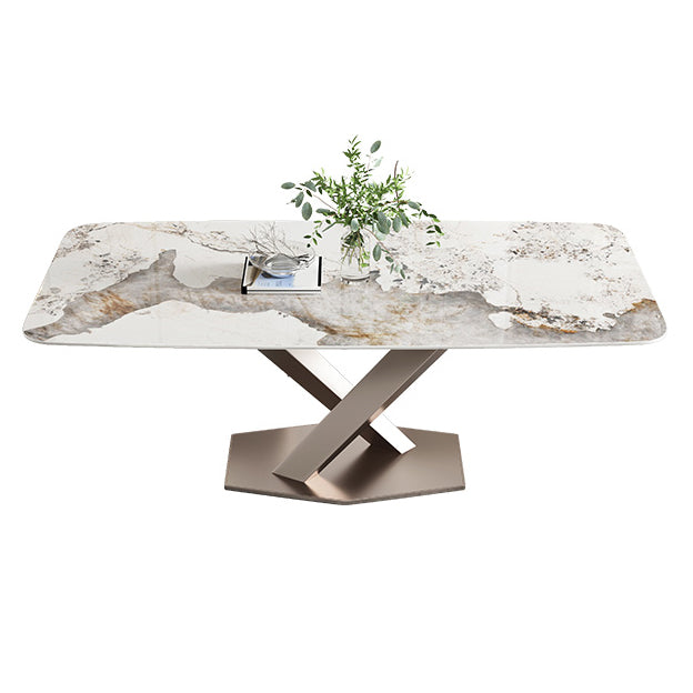 Metal Traditional Luxury Rectangular Dining Table Sintered Stone Table with Pedestal