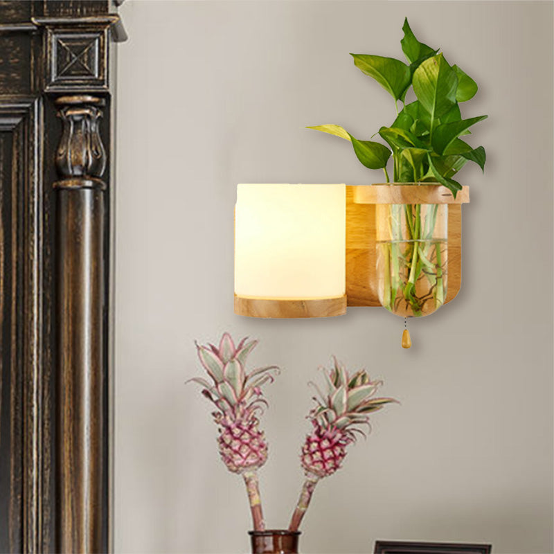 1 Bulb Wall Mounted Light Industrial Cylindrical Opal Glass LED Wall Lamp Sconce in Wood, Left/Right