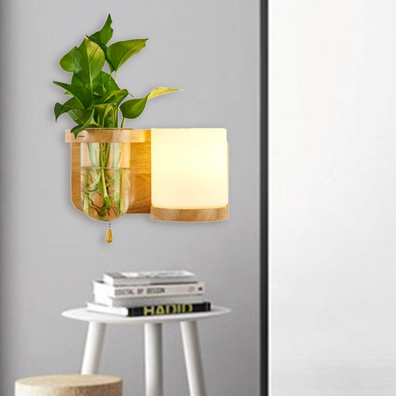 1 Bulb Wall Mounted Light Industrial Cylindrical Opal Glass LED Wall Lamp Sconce in Wood, Left/Right