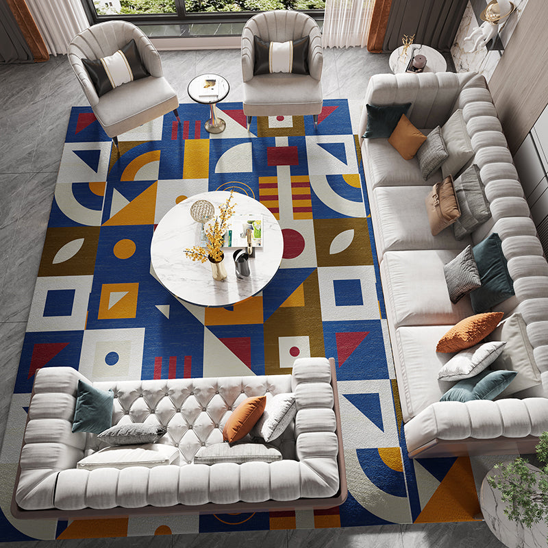 Modern Living Room Area Rug Blue Geometric Print Area Carpet Non-Slip Backing Rug