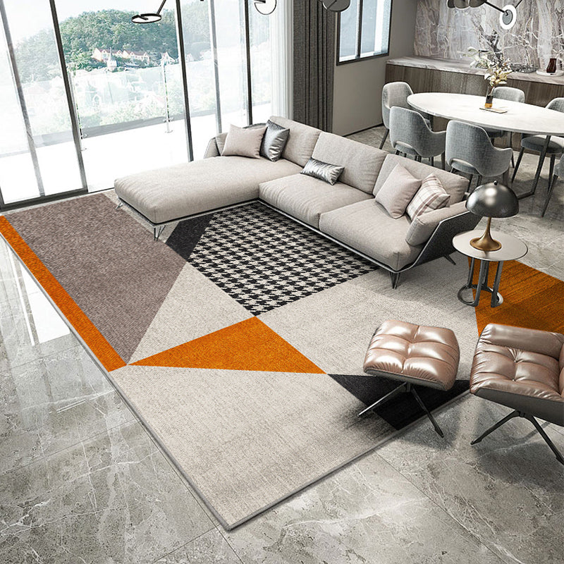 Orange Living Room Area Carpet Geometric Pattern Modern Area Rug Polyester Stain Resistant Rug