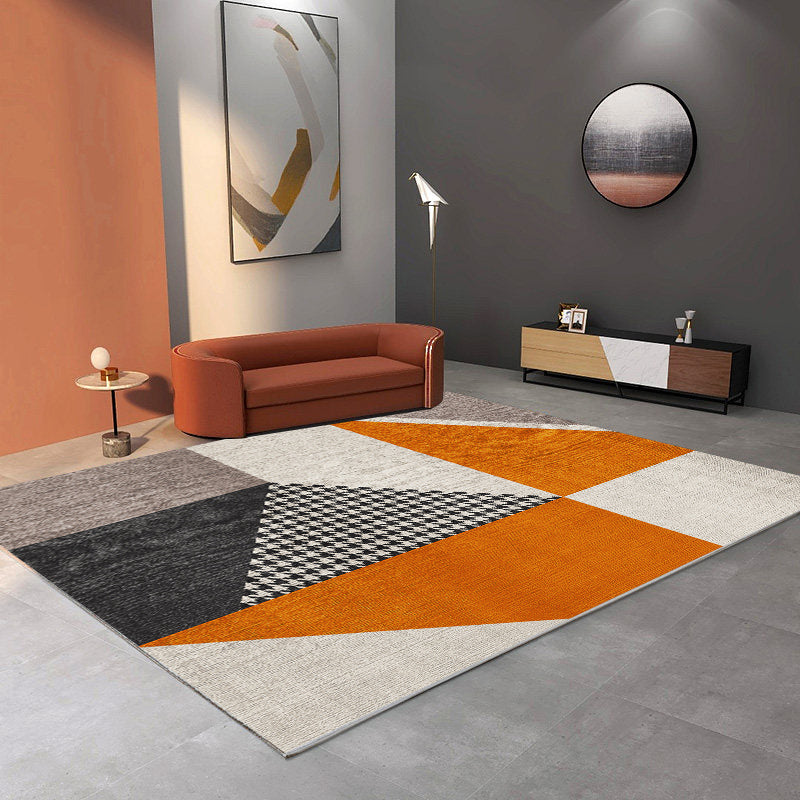 Orange Living Room Area Carpet Geometric Pattern Modern Area Rug Polyester Stain Resistant Rug