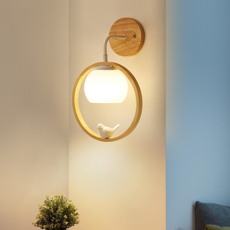 Moderner Stil rund geformte Wandlampe Holz 1 Leichte Wandbeleuchtung mit Glasschatten