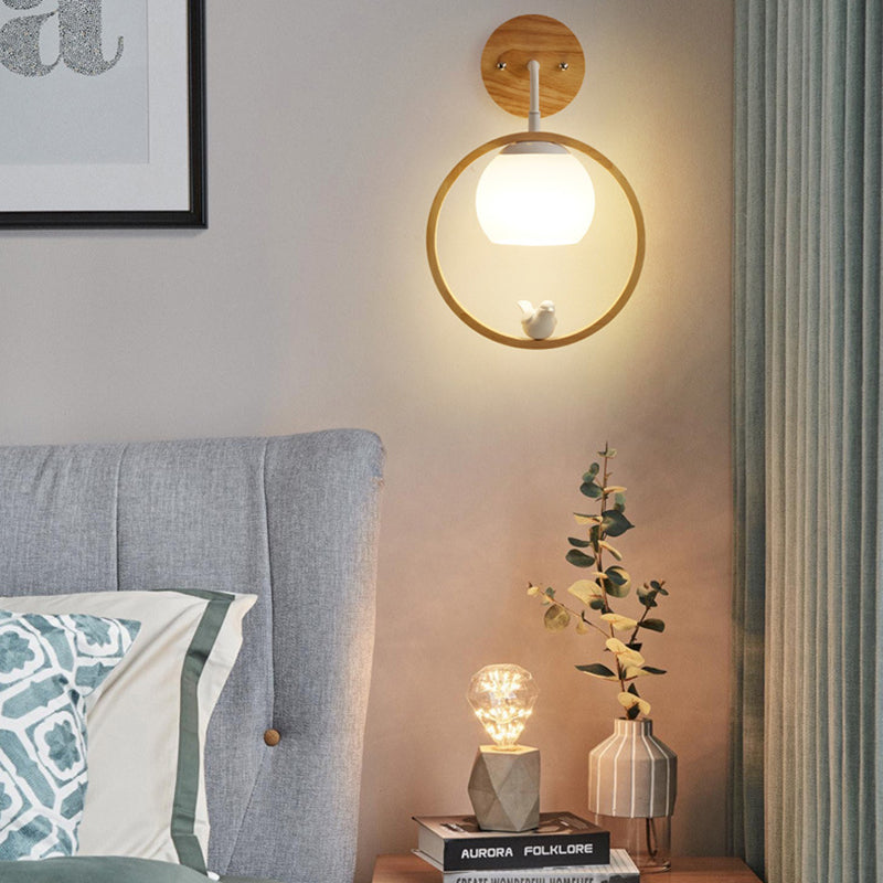 Moderner Stil rund geformte Wandlampe Holz 1 Leichte Wandbeleuchtung mit Glasschatten
