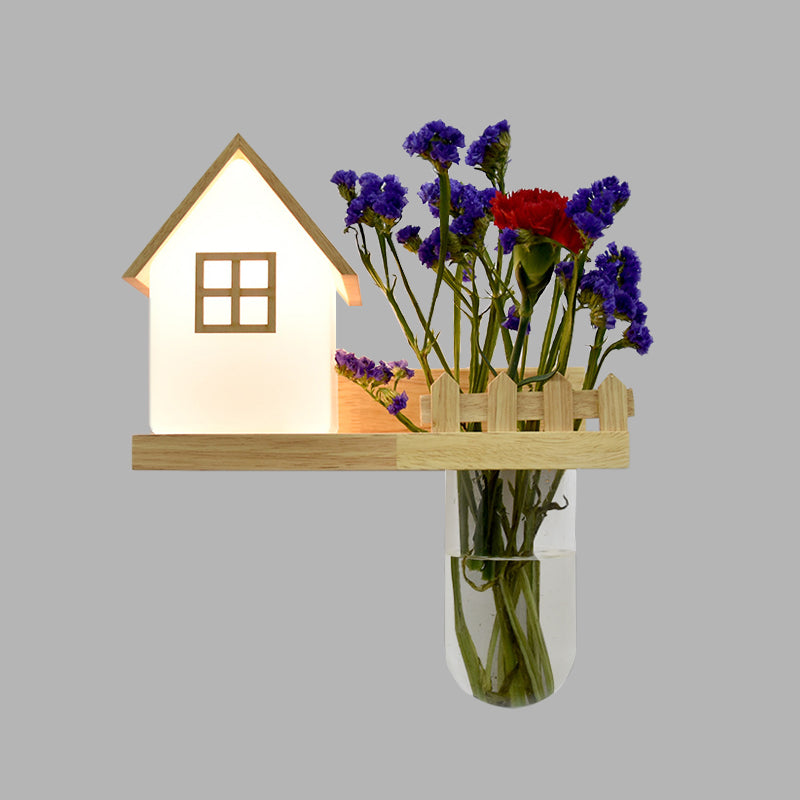 Wood House Sconce Wall Light Industrial Cream Glass 1-Light Restaurant LED Wall Lighting, Left/Right