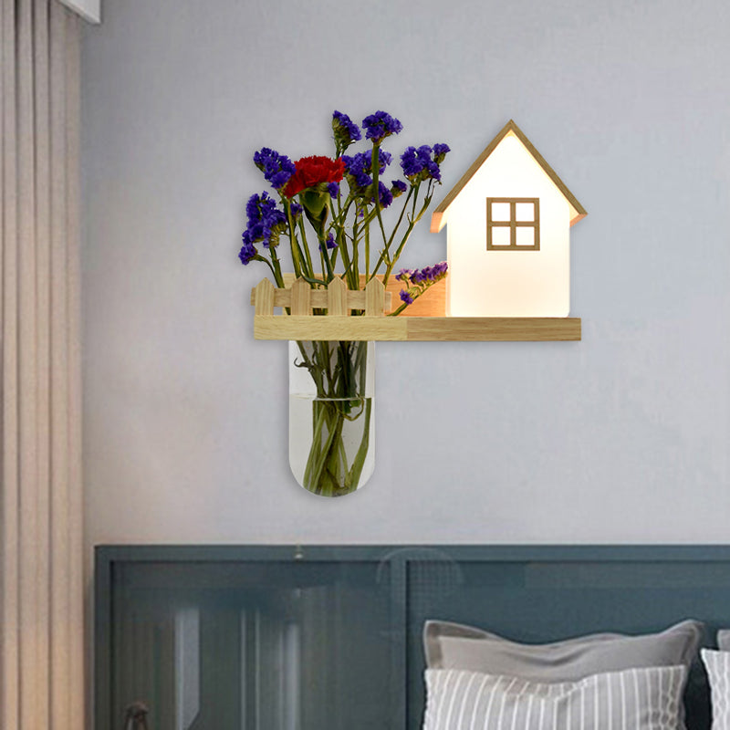 Wood House Sconce Wall Light Industrial Cream Glass 1-Light Restaurant LED Wall Lighting, Left/Right