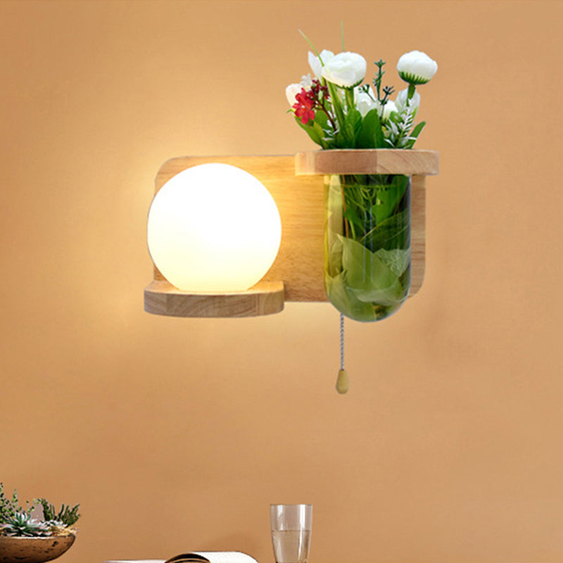 Milky Glass Orb Sconce Light Industrial 1 Head Bedroom LED Wall Lighting in Wood, Left/Right